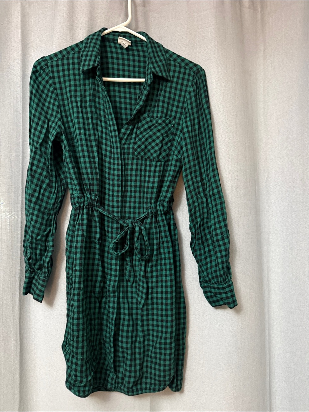 a new day Green and Black Plaid Long Sleeve Shirt Dress with Waist Tie